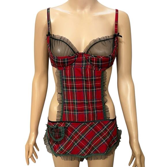 Fredericks Of Hollywood Tartan Plaid Apron Style Nightie Lingerie Medium Ruffle - Picture 1 of 9